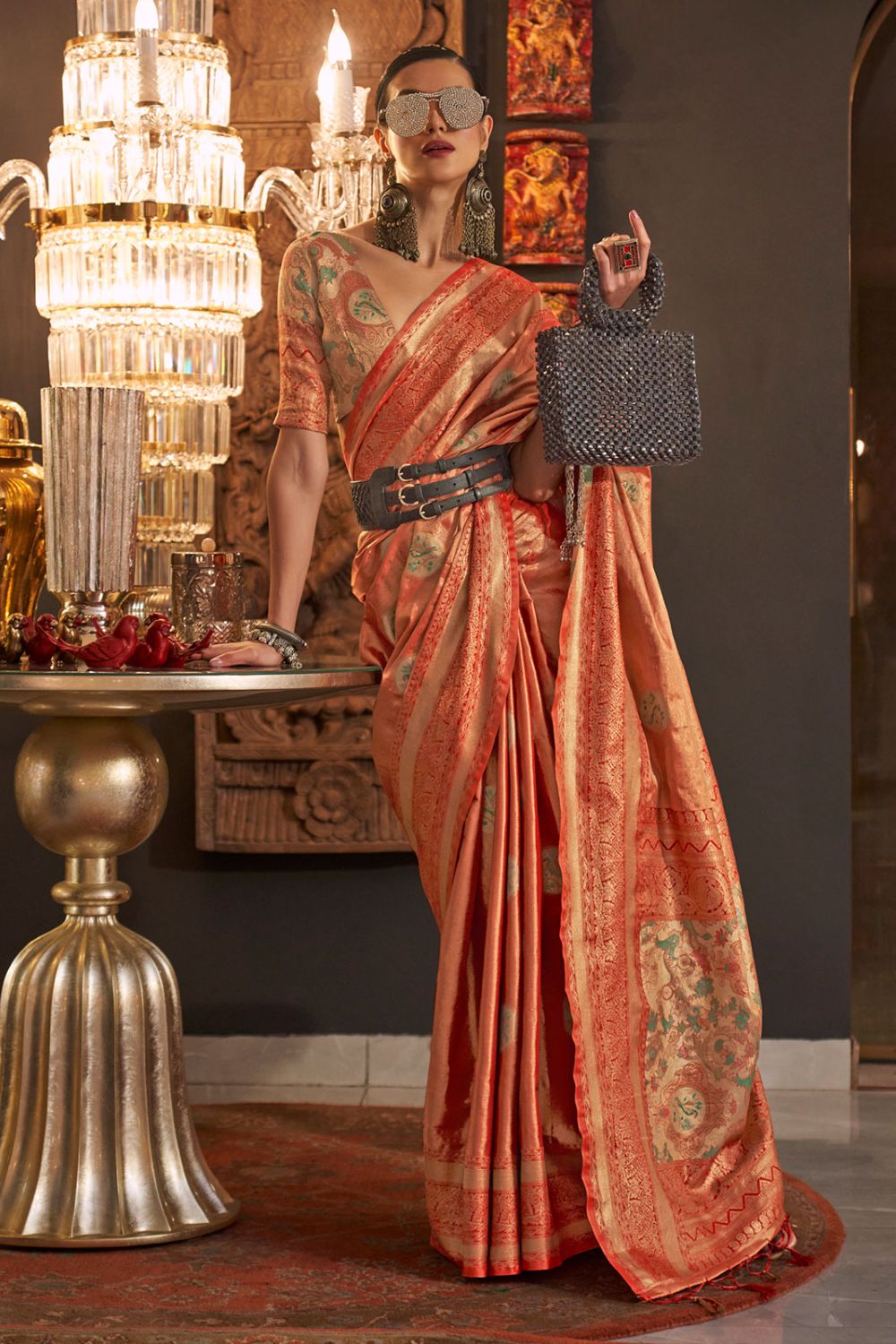 Flame Orange Zari Woven Handloom Silk Saree for Wedding