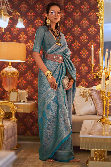 Azure Blue Zari Woven Handloom Silk Saree for Wedding