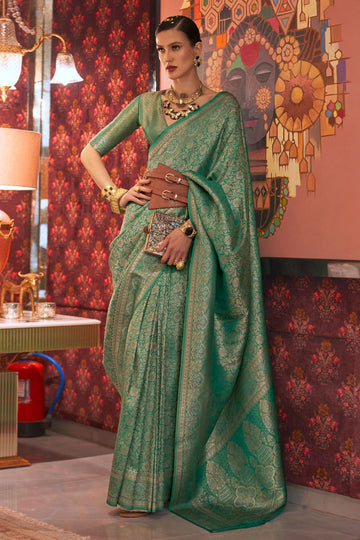 Rama Green Zari Woven Handloom Silk Saree for Wedding