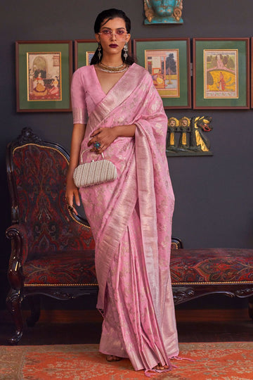 Carnation Pink Handloom Katan Silk Festival Wear Saree