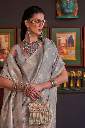 Silver Grey Handloom Katan Silk Festival Wear Saree