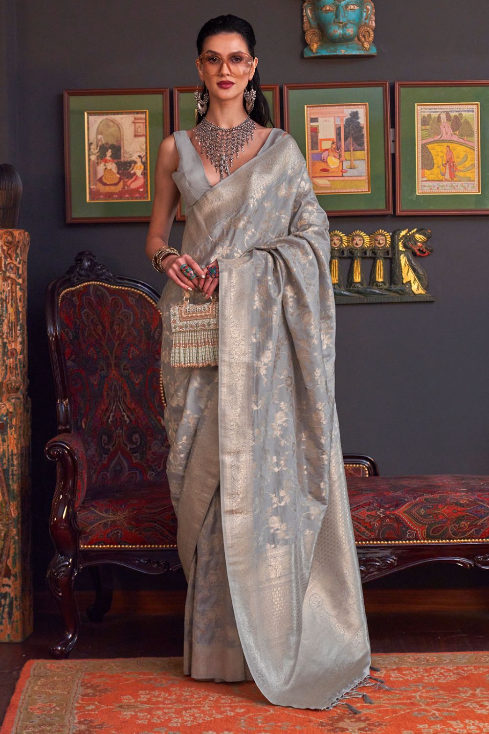 Silver Grey Handloom Katan Silk Festival Wear Saree