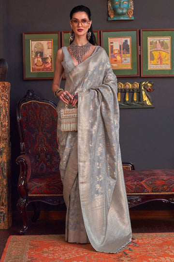 Silver Grey Handloom Katan Silk Festival Wear Saree