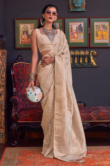 Ivory Handloom Katan Silk Festival Wear Saree