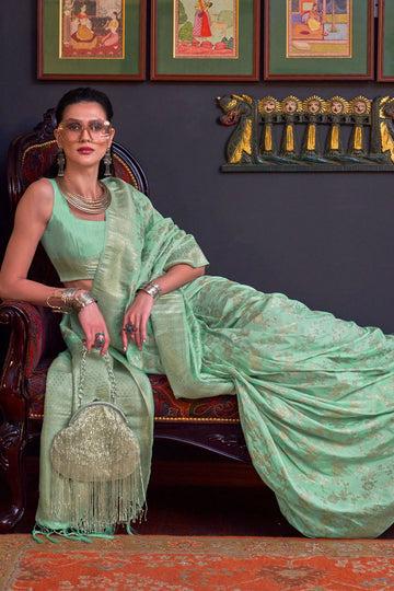 Aqua Mint Handloom Katan Silk Festival Wear Saree