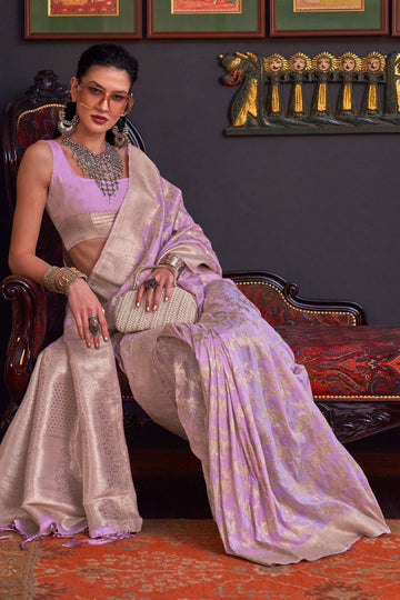 Lilac Pink Handloom Katan Silk Festival Wear Saree