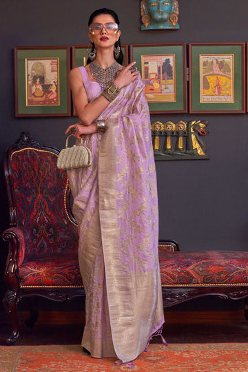 Lilac Pink Handloom Katan Silk Festival Wear Saree