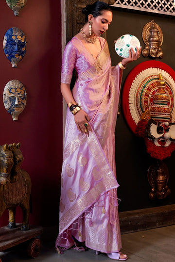 Lilac Pink Pure Satin Designer Handloom Weaving Saree