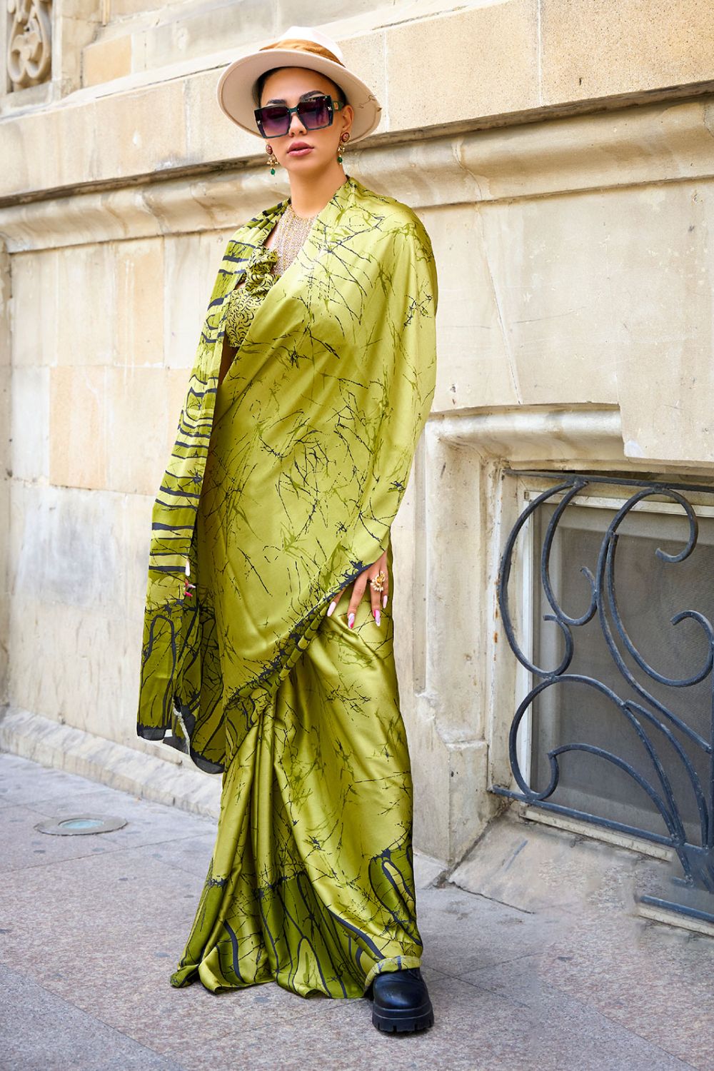 Lime Green Digital Printed Satin Crepe Casual Wear Saree