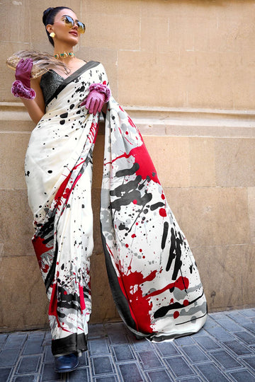 White Digital Printed Satin Crepe Casual Wear Saree