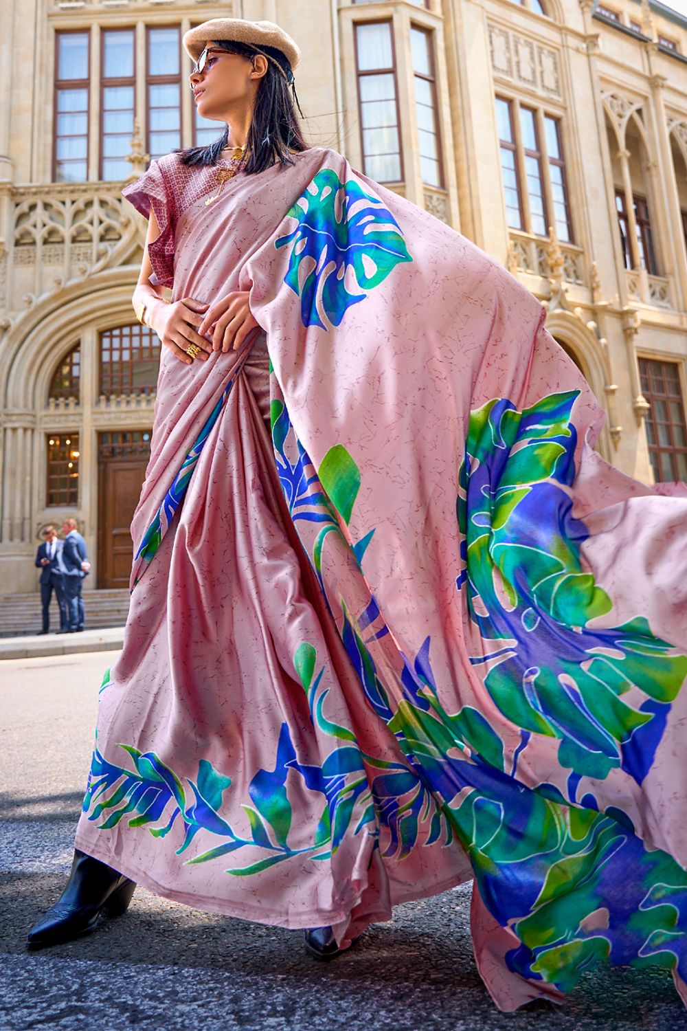 Carnation Pink Digital Printed Satin Crepe Casual Wear Saree