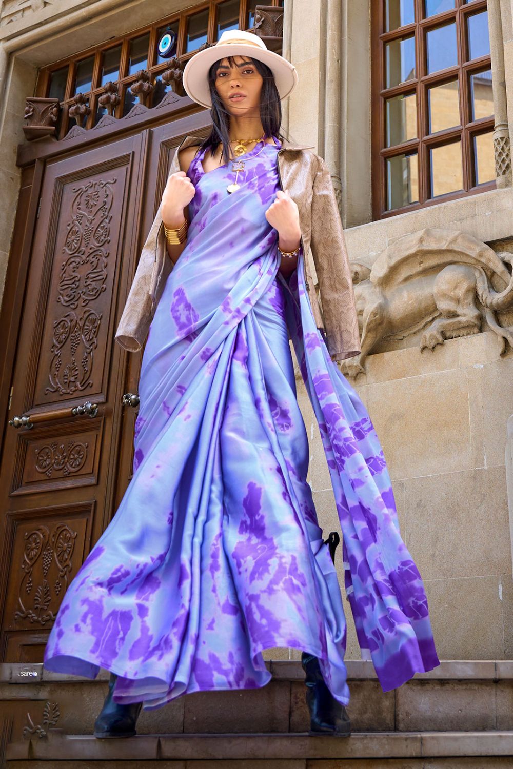 Lilac Digital Printed Satin Crepe Casual Wear Saree