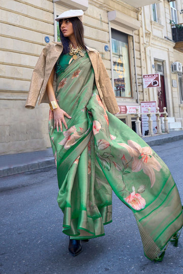 Moss Green Woven Satin Organza Saree for Party