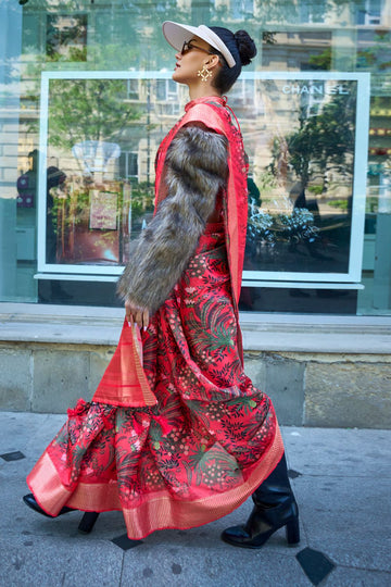 Hot Pink Woven Satin Organza Saree for Party