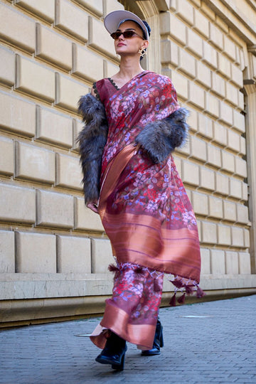 Burgundy Woven Satin Organza Saree for Party