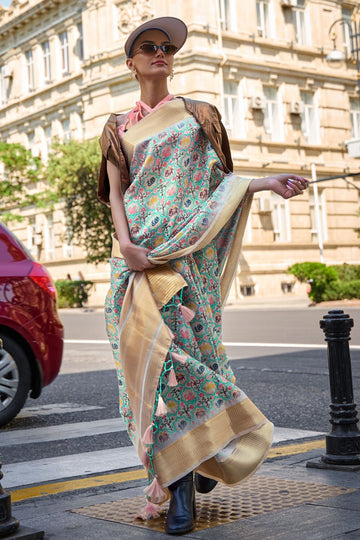 Mint Green Woven Satin Organza Saree for Party