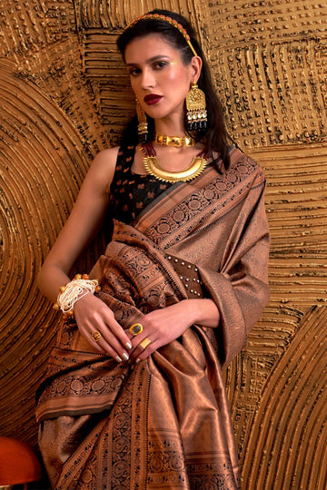 Brown Handloom Zari Woven Saree for Festival