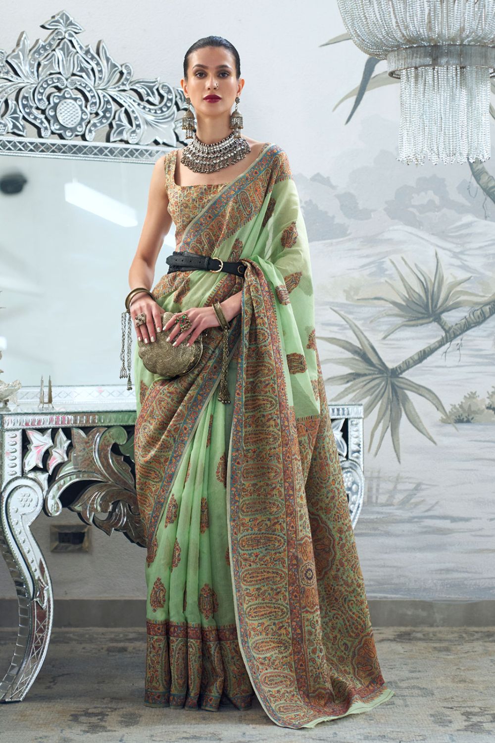 Pistachio Green Kashmiri Handloom Weaving Festival Wear Saree