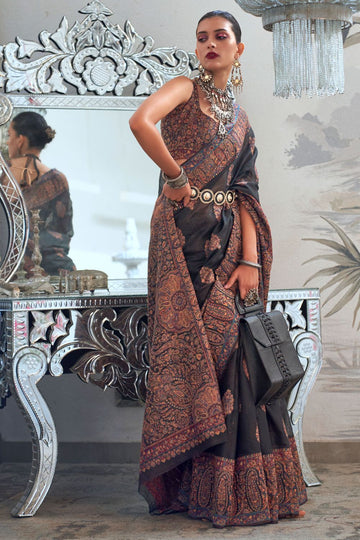 Black Kashmiri Handloom Weaving Festival Wear Saree