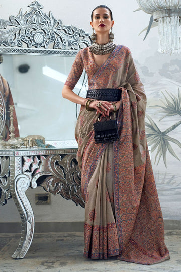 Taupe Kashmiri Handloom Weaving Festival Wear Saree