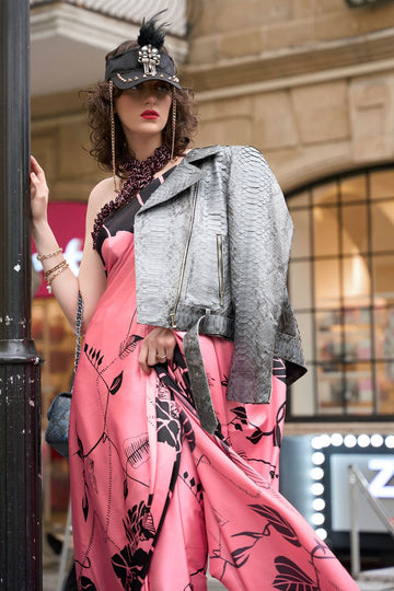 Coral Pink Satin Digital Printed Party Wear Saree