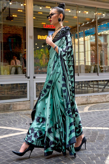 Mint Green Satin Digital Printed Party Wear Saree