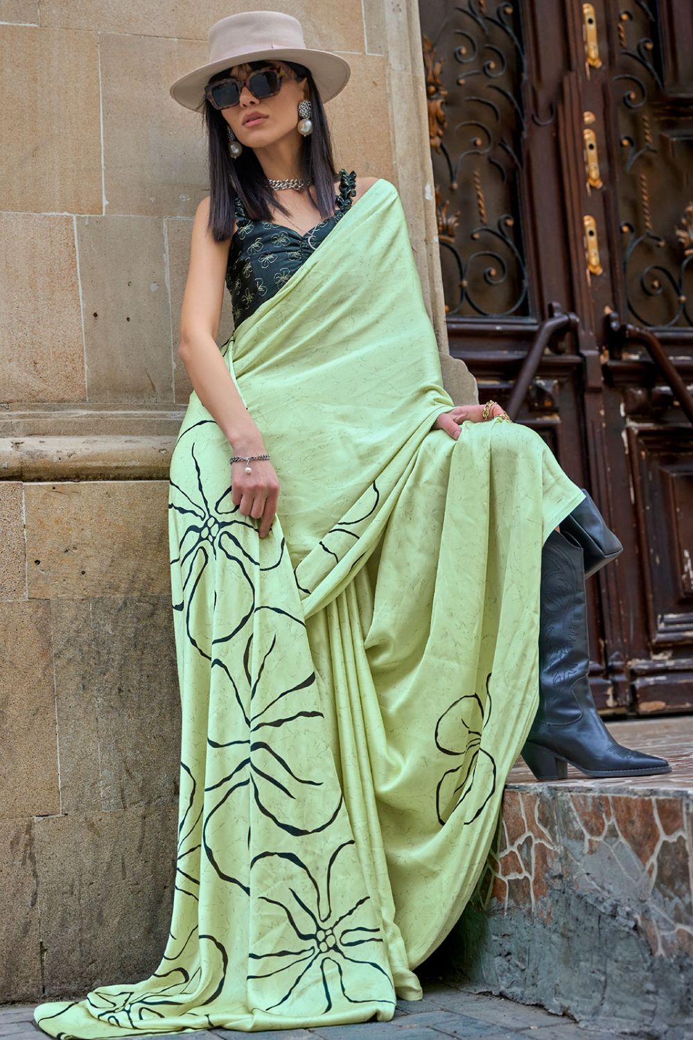 Pastel Green Satin Digital Printed Party Wear Saree