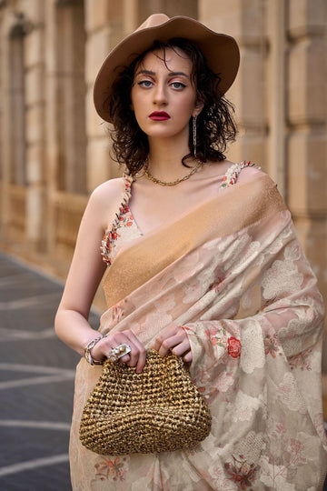 Beige Brasso Handloom Woven Festival Wear Saree