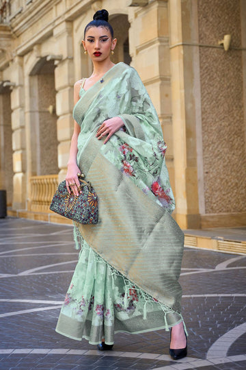 Mint Green Brasso Handloom Woven Festival Wear Saree