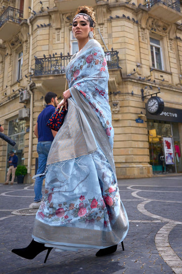 Powder Blue Brasso Handloom Woven Festival Wear Saree