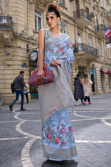 Powder Blue Brasso Handloom Woven Festival Wear Saree