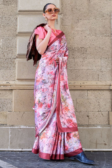 Pink Satin Crepe Printed Party Wear Saree