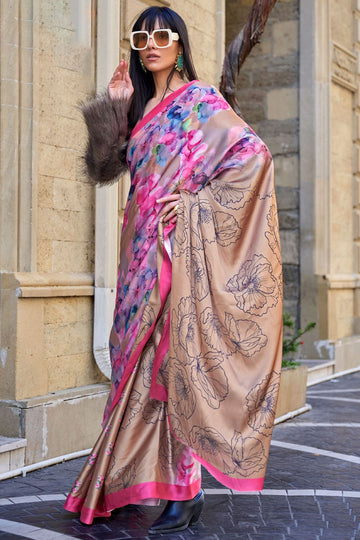 Beige Satin Crepe Printed Party Wear Saree