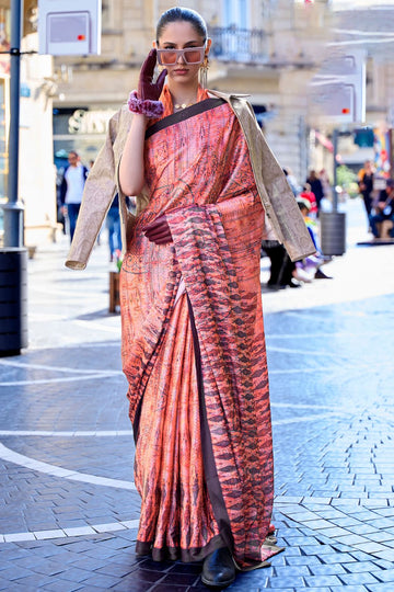 Orange Satin Crepe Printed Party Wear Saree