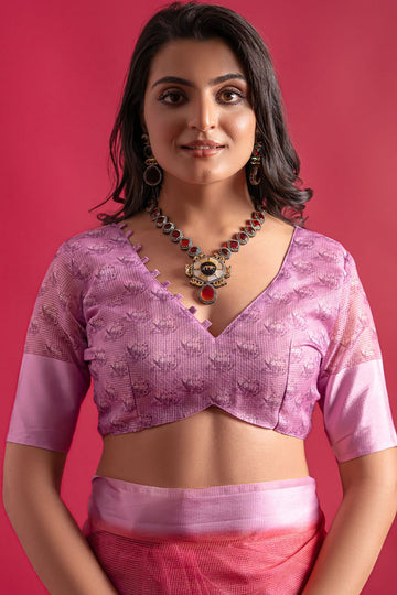 Lilac Pink Digital Print Linen Saree for Party