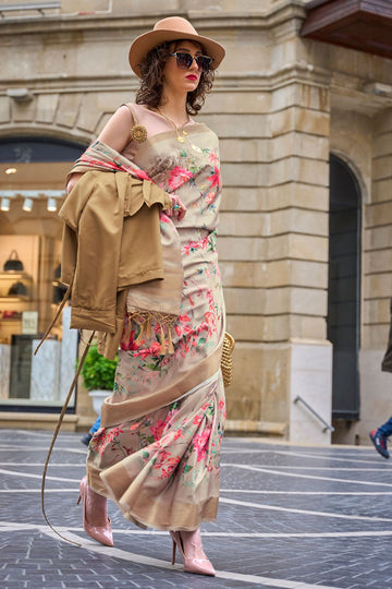 Beige Woven Gaji Silk Saree for Festival