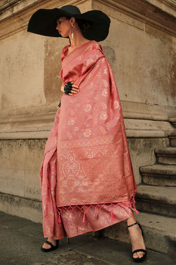 Carrot Red Handloom Weaving Silk Saree for Party