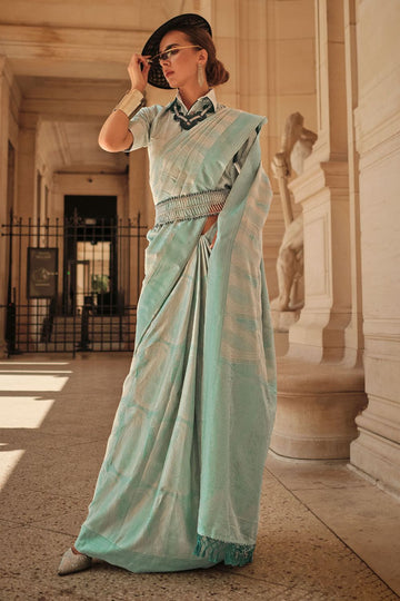 Mint Blue Handloom Woven Silk Party Wear Saree