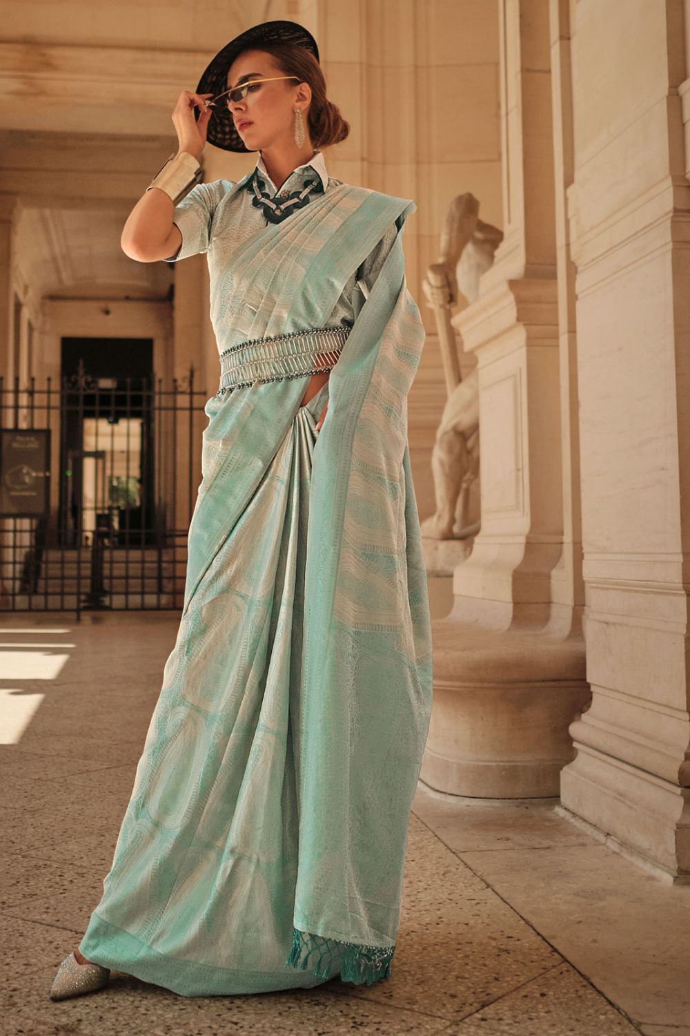 Mint Blue Handloom Woven Silk Party Wear Saree