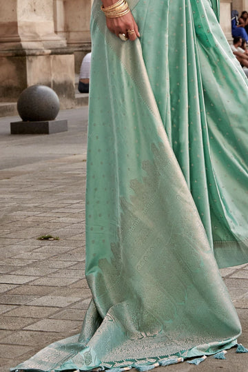 Mint Green Pure Satin Handloom Weaving Silk Saree for Party