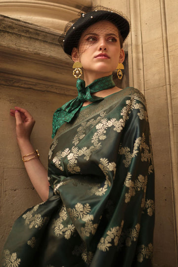 Bottle Green Satin Silk Woven Party Wear Saree