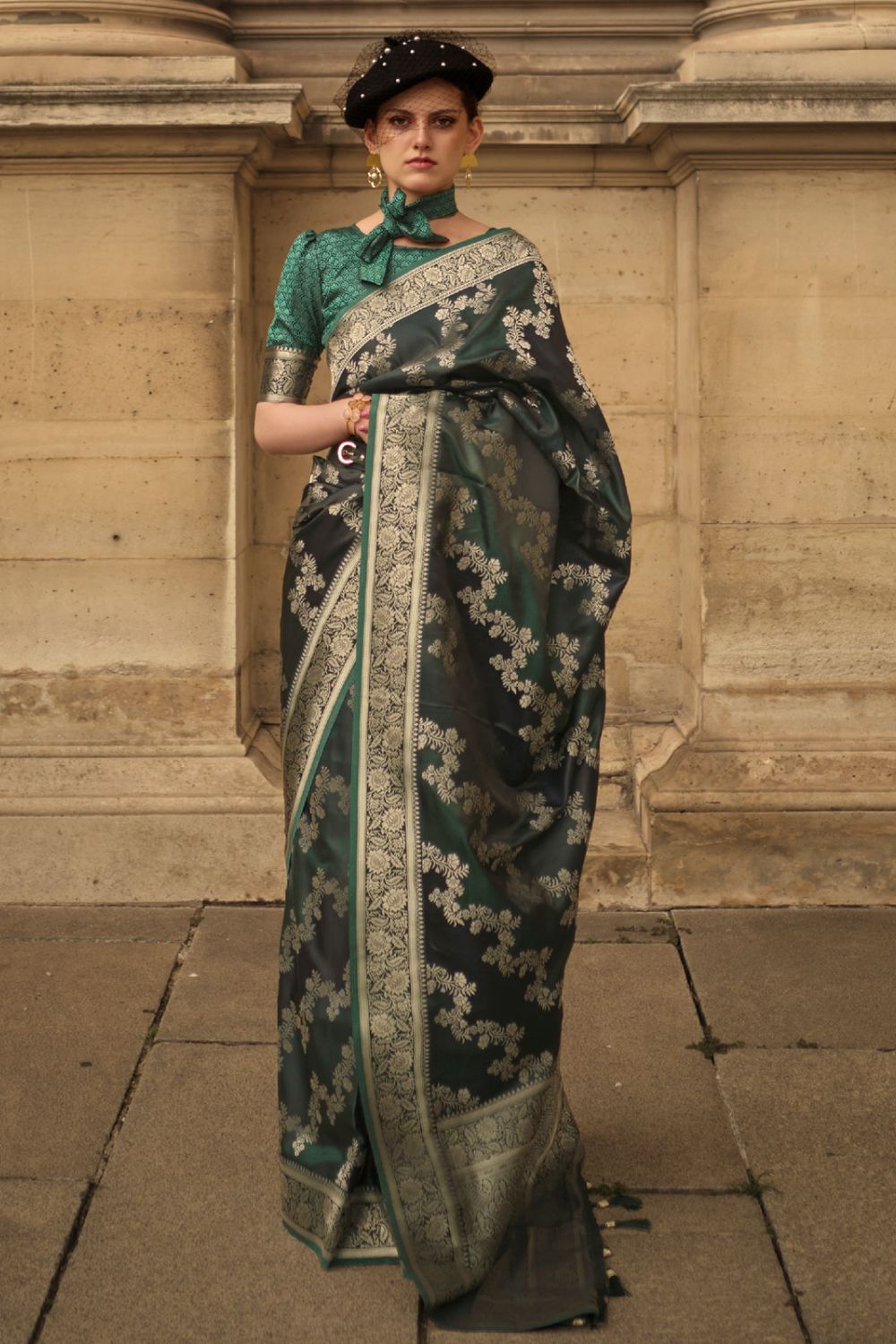 Bottle Green Satin Silk Woven Party Wear Saree