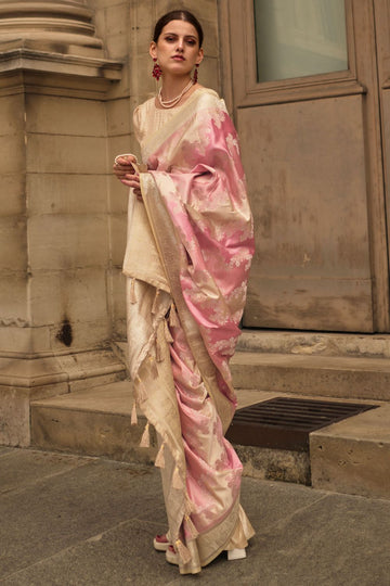 Light Peach Satin Silk Woven Party Wear Saree