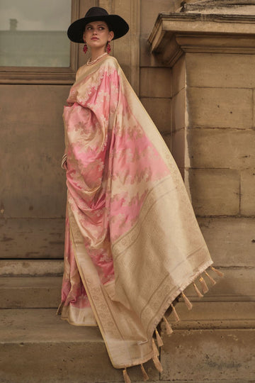 Light Peach Satin Silk Woven Party Wear Saree