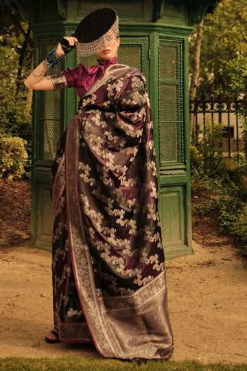 Wine Satin Silk Woven Party Wear Saree