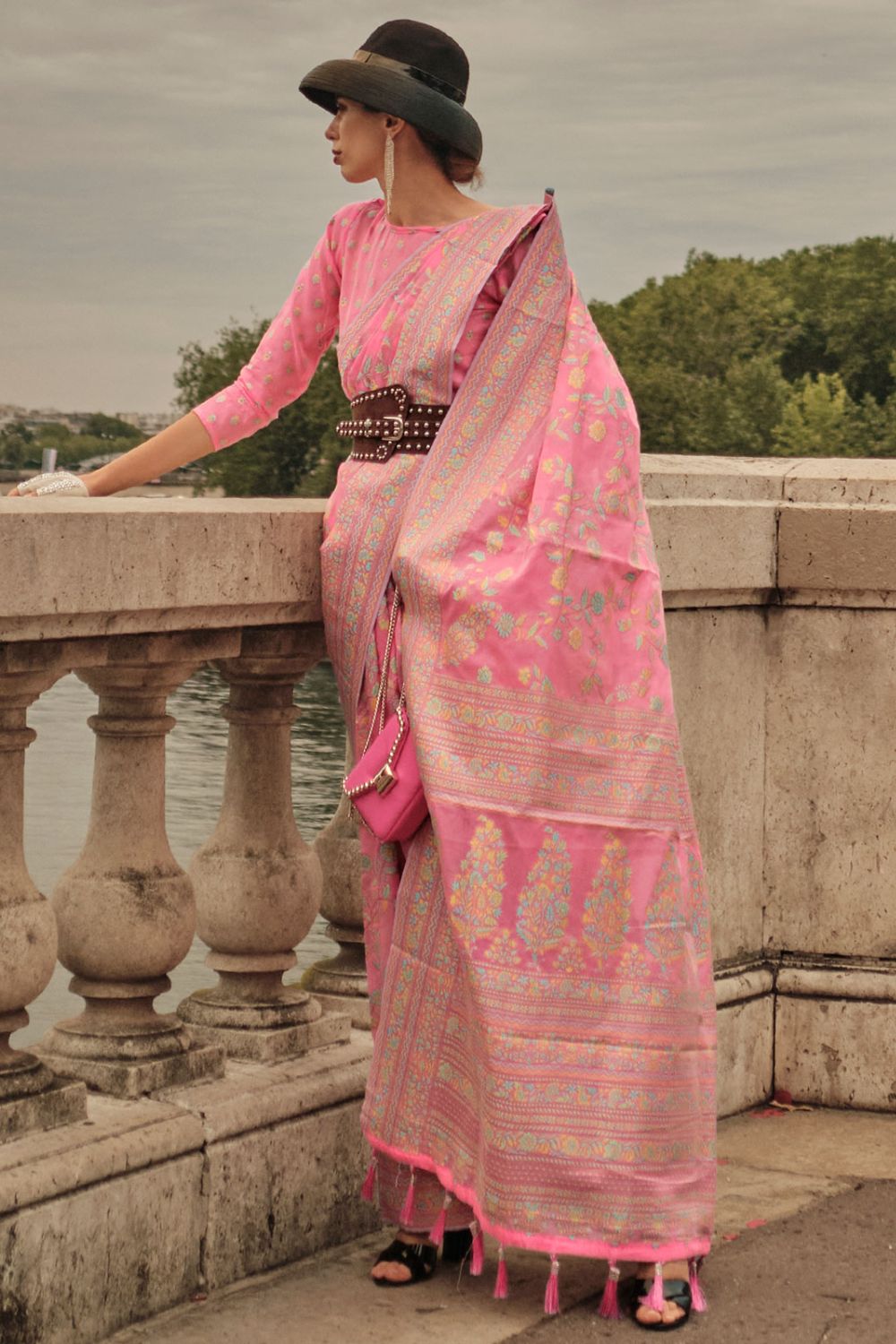 Pink Kashmiri Organza Woven Festival Wear Saree