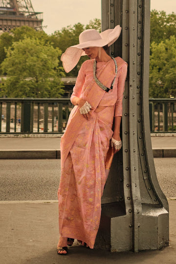 Salmon Pink Kashmiri Organza Woven Festival Wear Saree