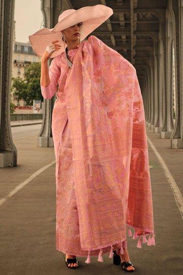 Salmon Pink Kashmiri Organza Woven Festival Wear Saree