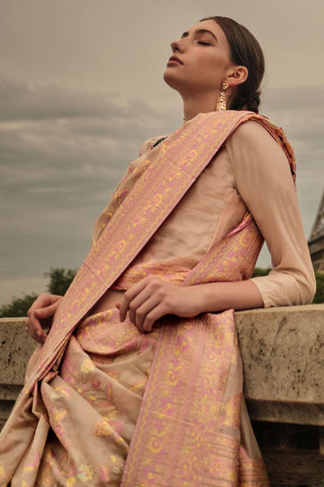 Beige Kashmiri Organza Woven Festival Wear Saree