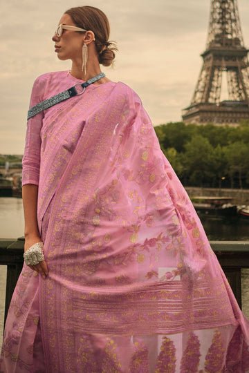 Orchid Pink Kashmiri Organza Woven Festival Wear Saree